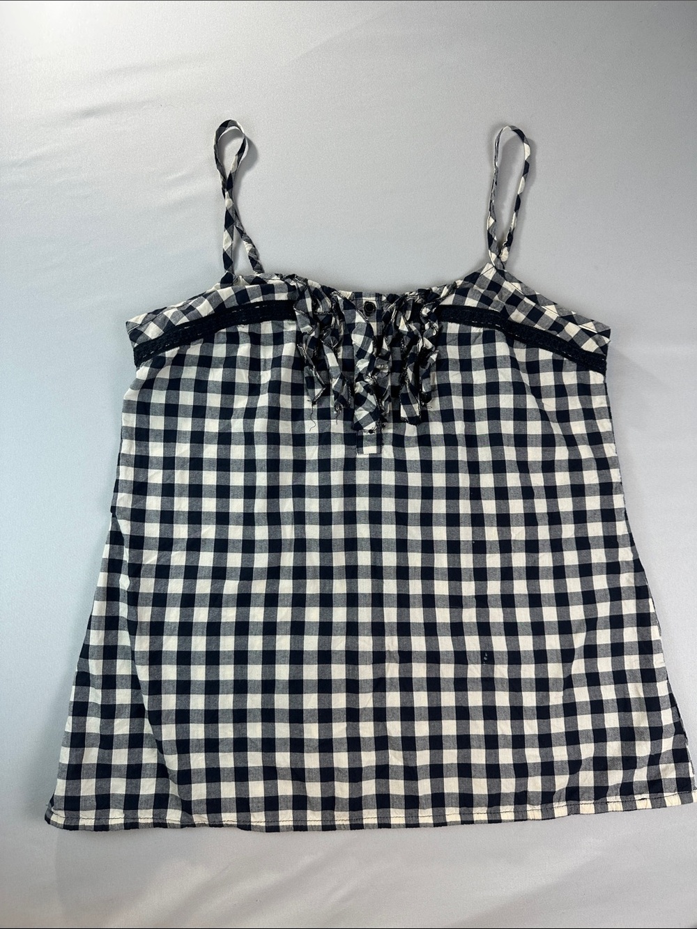Decree Tank Top Large Black White Gingham Lace-Up Cami Ruffle Button Front